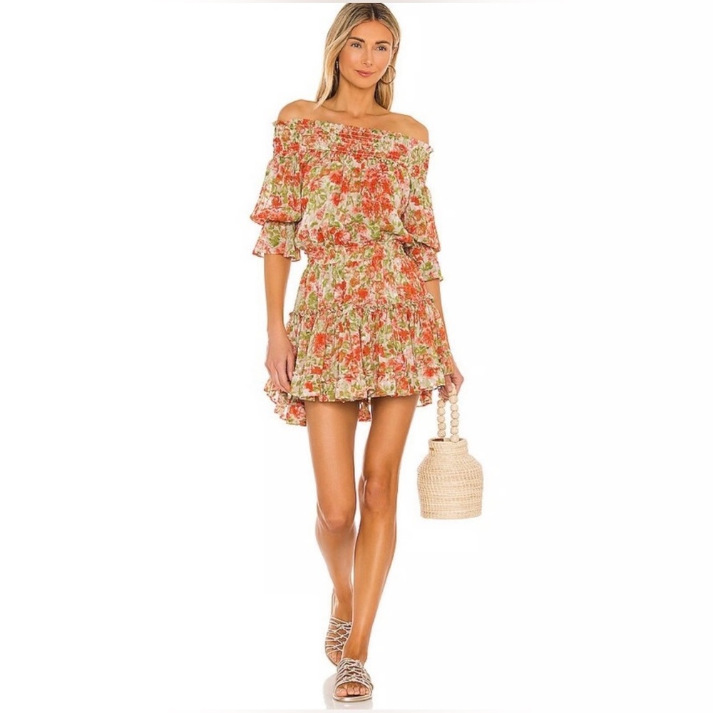 Misa Los Angeles Darla Valencia Floral Green & Orange Mini Dress XS NWT